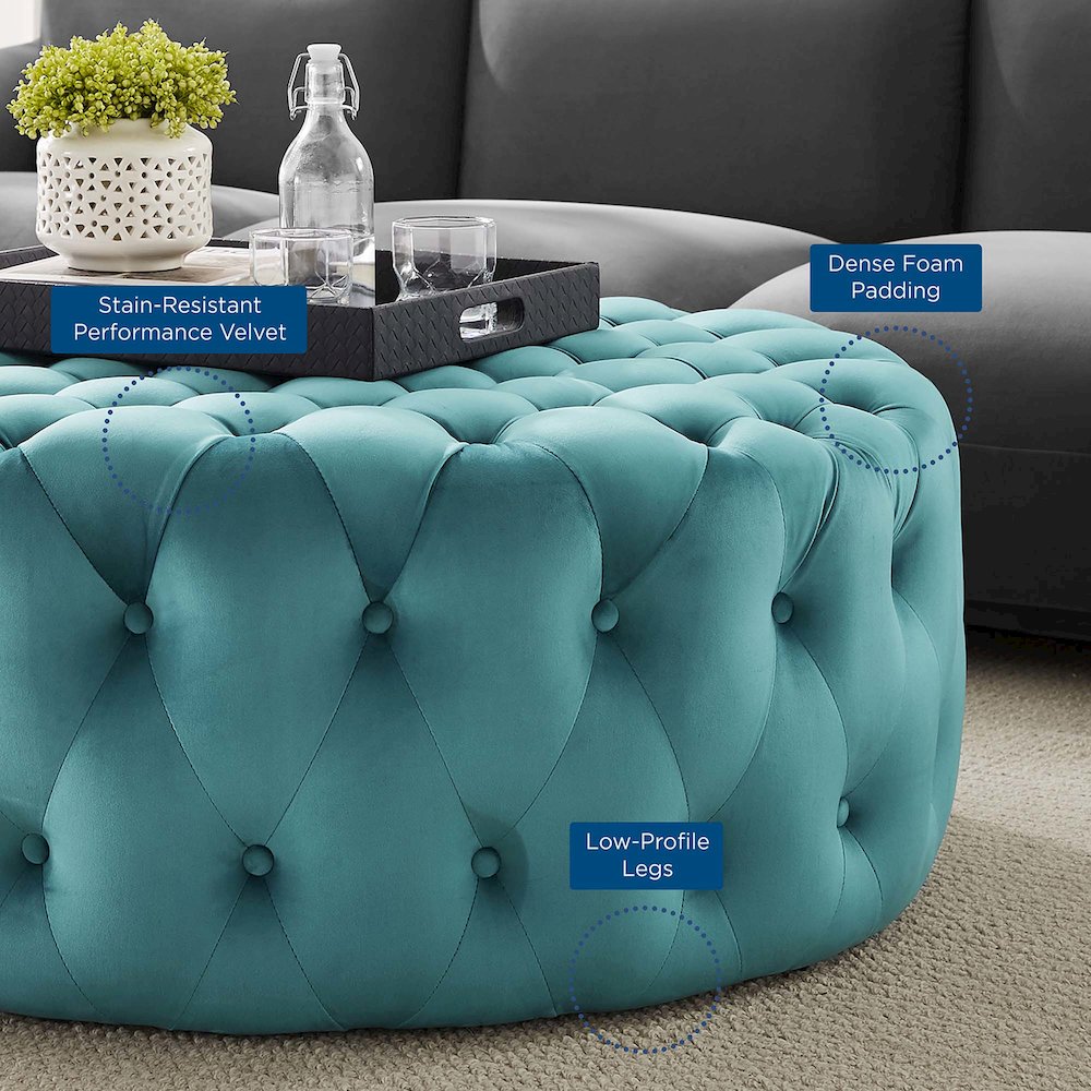 Amour Tufted Button Large Round Performance Velvet Ottoman. Picture 6