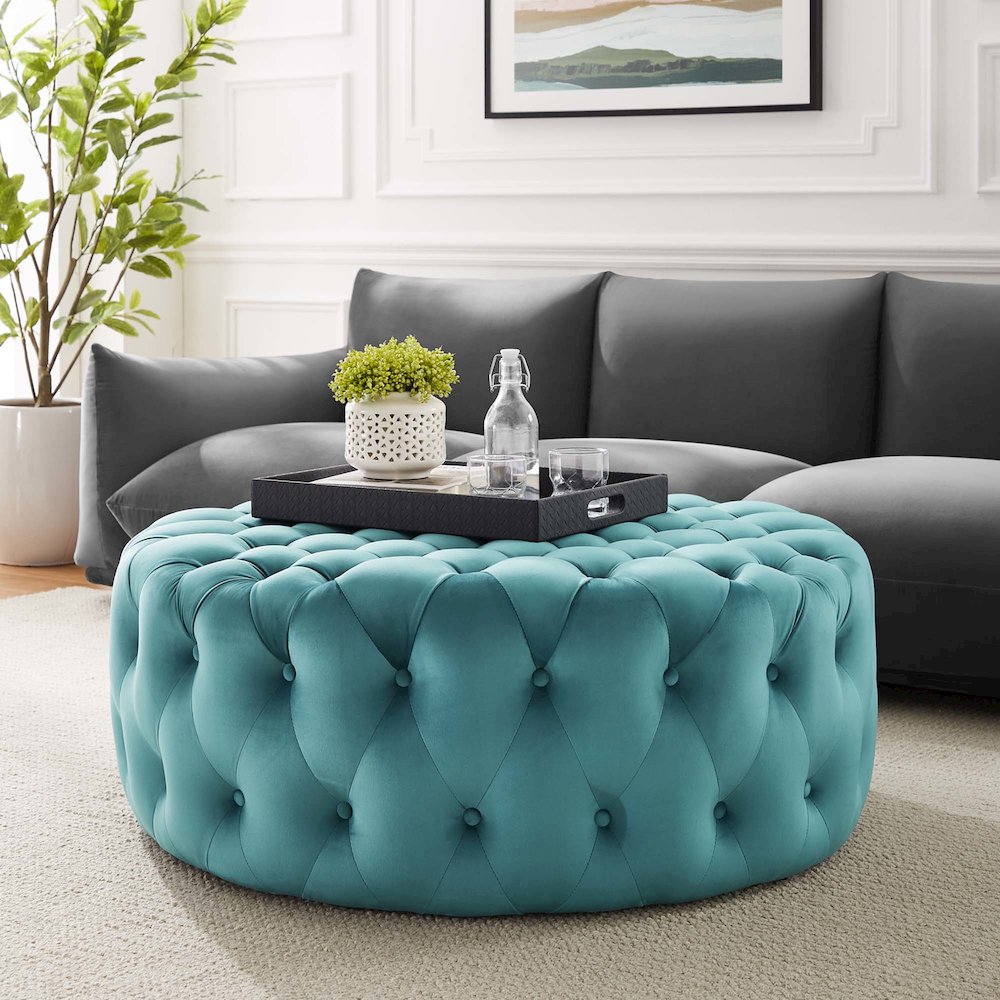 Amour Tufted Button Large Round Performance Velvet Ottoman. Picture 4