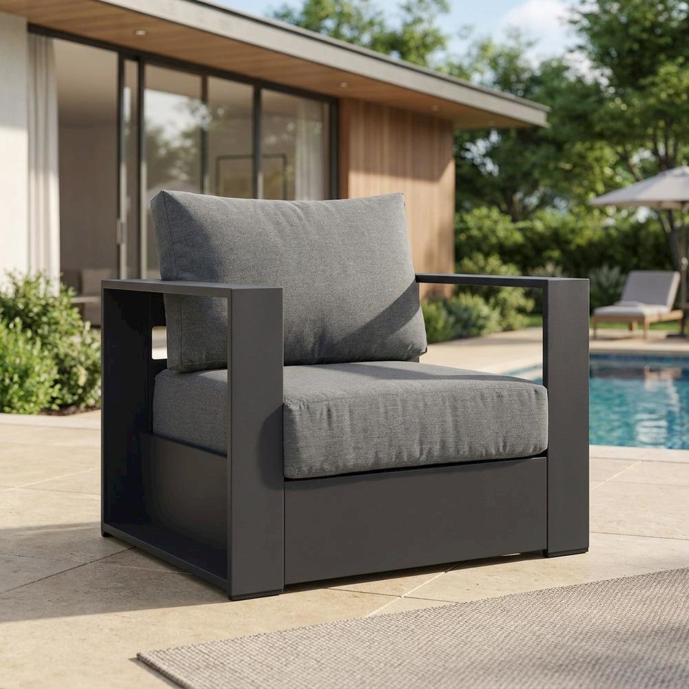 Powder-Coated Aluminum Patio Armchair with Cushions, Gray Charcoal. Picture 3
