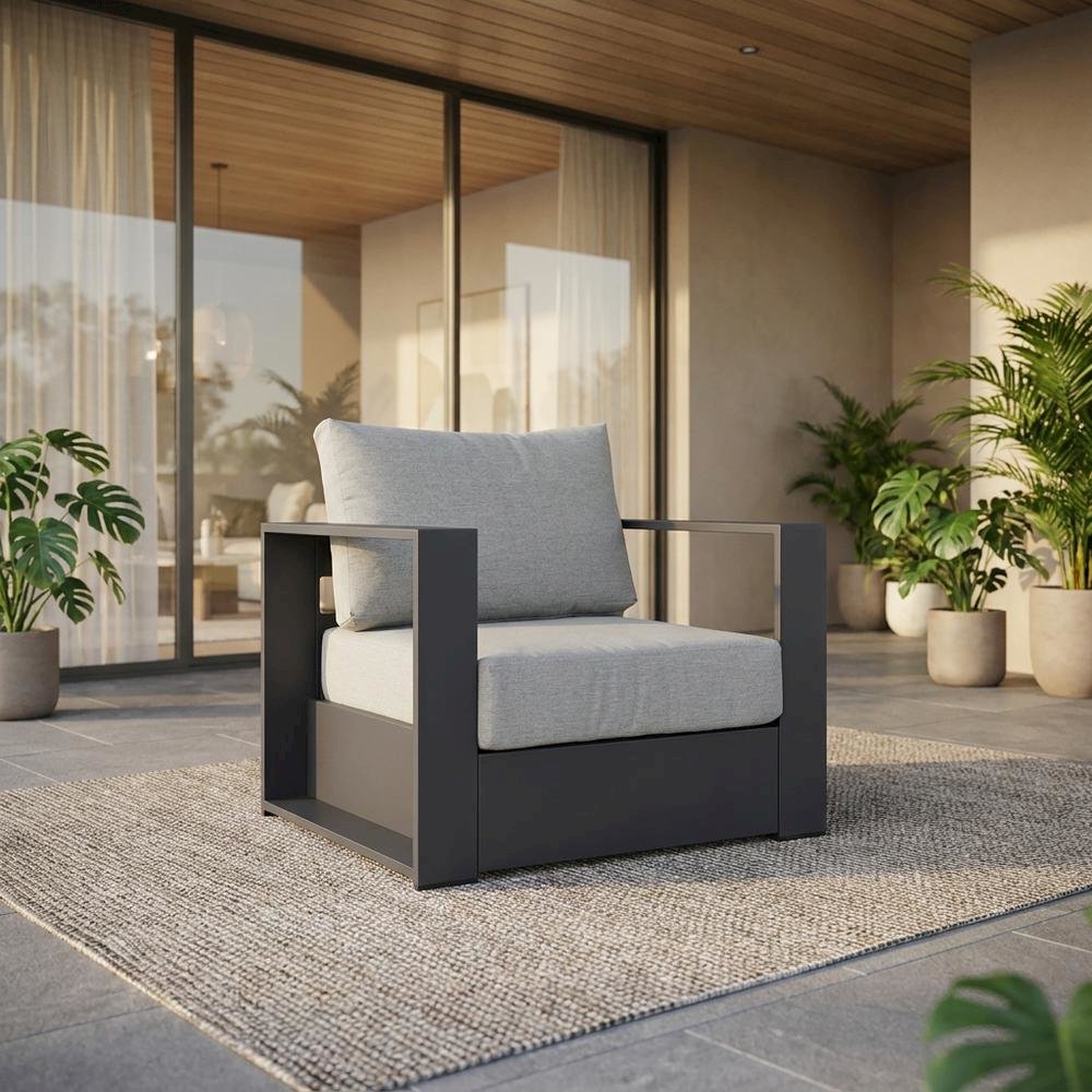 Powder-Coated Aluminum Patio Armchair with Cushions, Gray Gray. Picture 2