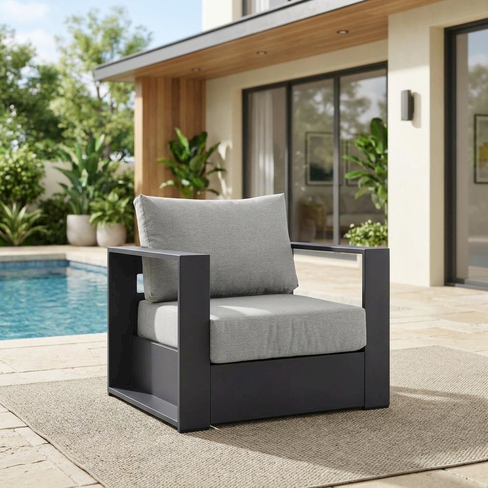 Powder-Coated Aluminum Patio Armchair with Cushions, Gray Gray. Picture 3
