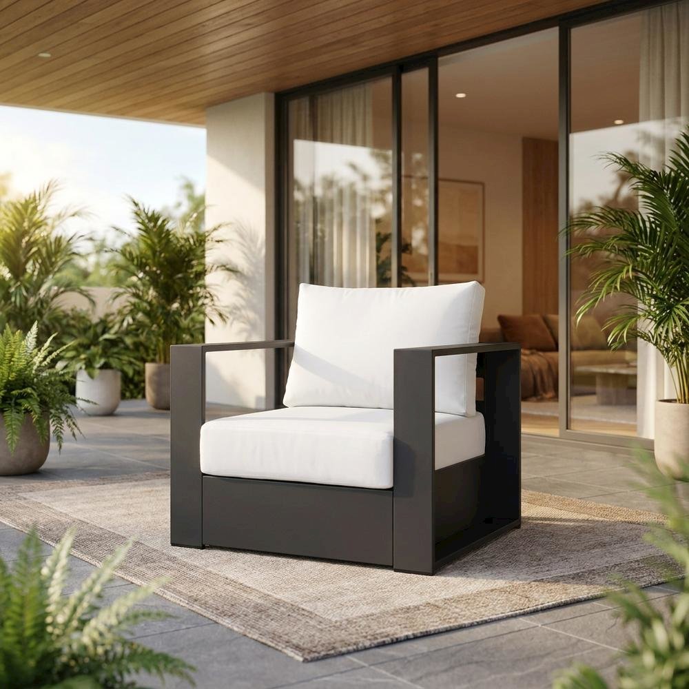 Powder-Coated Aluminum Patio Armchair with Cushions, Gray White. Picture 2