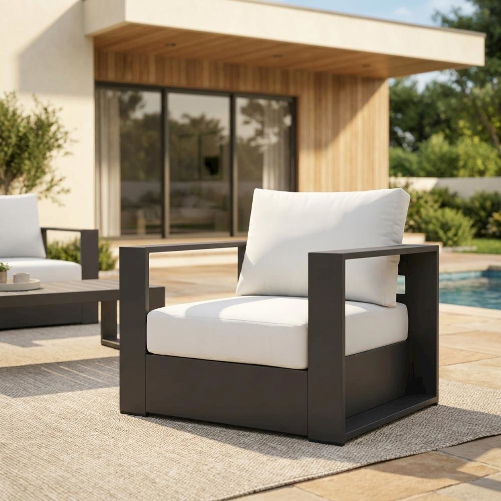 Powder-Coated Aluminum Patio Armchair with Cushions, Gray White. Picture 3