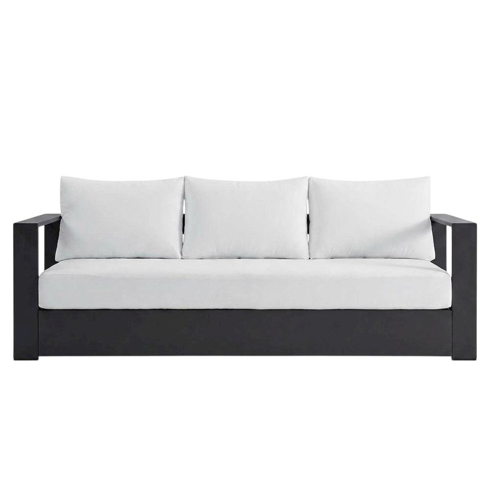 Powder-Coated Aluminum Outdoor Patio Sofa with Thick Cushioned Seat, Gray White. Picture 1