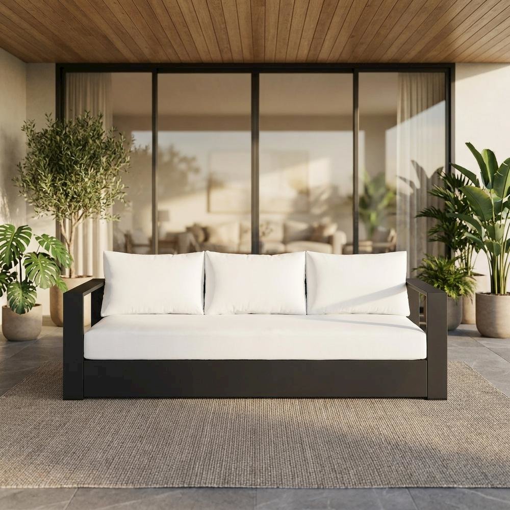 Powder-Coated Aluminum Outdoor Patio Sofa with Thick Cushioned Seat, Gray White. Picture 2