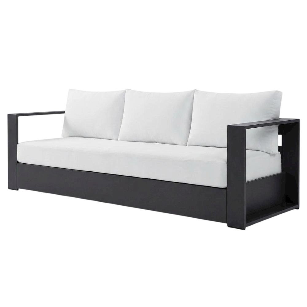Powder-Coated Aluminum Outdoor Patio Sofa with Thick Cushioned Seat, Gray White. Picture 4