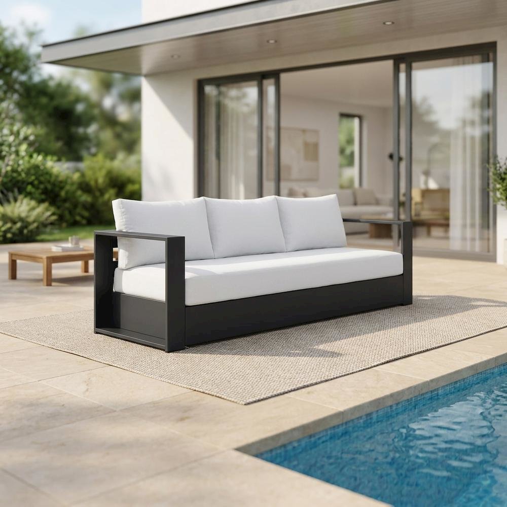 Powder-Coated Aluminum Outdoor Patio Sofa with Thick Cushioned Seat, Gray White. Picture 3