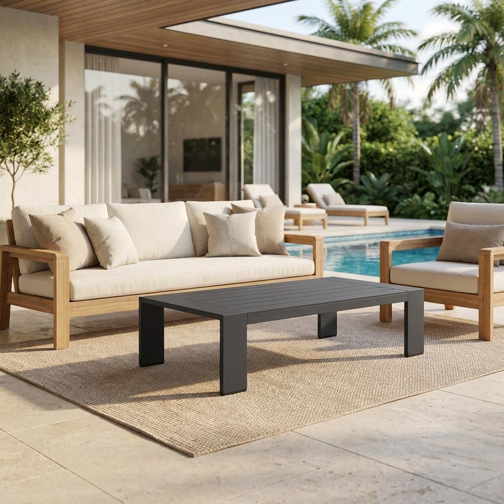 Powder-Coated Aluminum Rectangular Outdoor Patio Coffee Table, Gray. Picture 3
