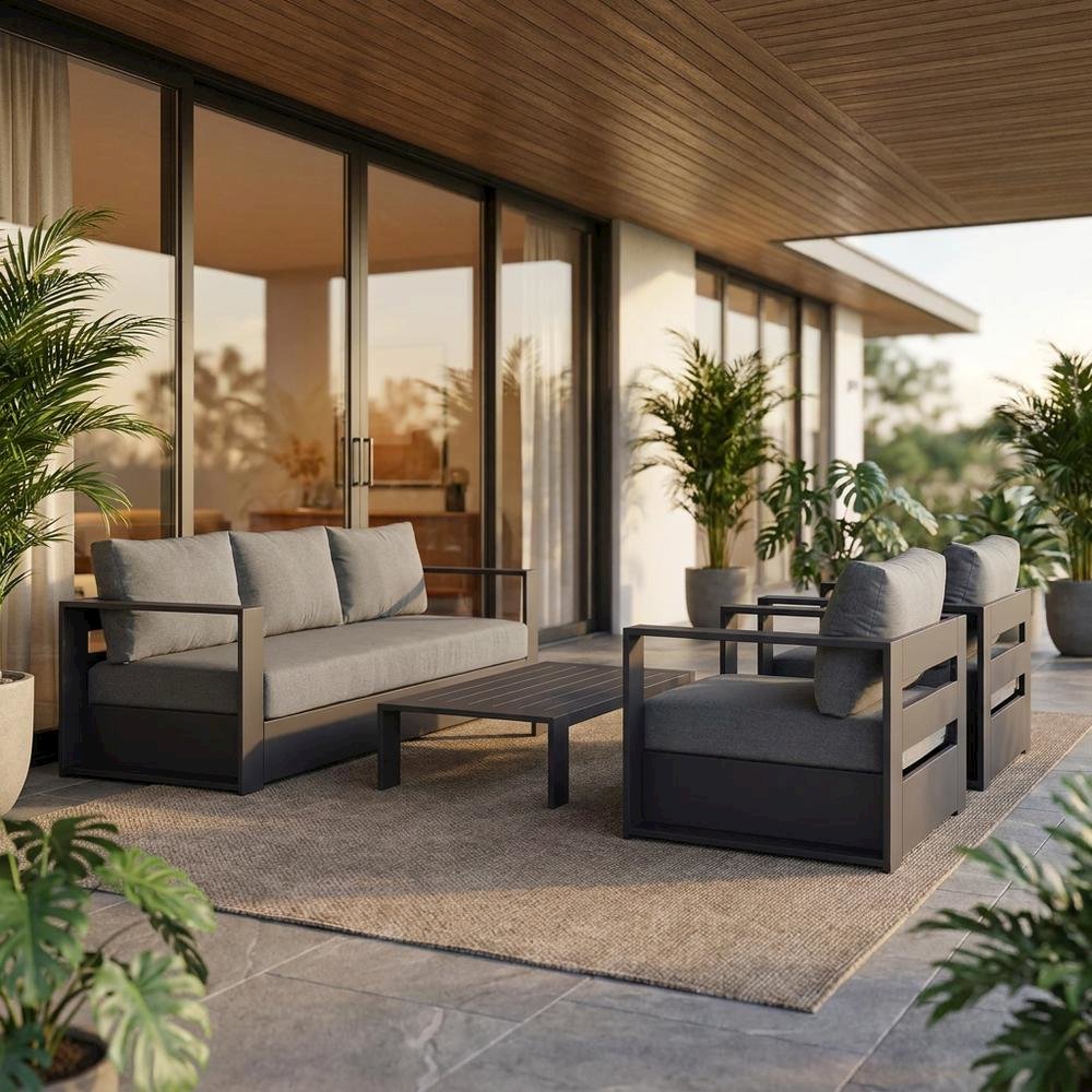 Powder-Coated Aluminum Patio Conversation Set with Thick Cushions, Gray Charcoal. Picture 3