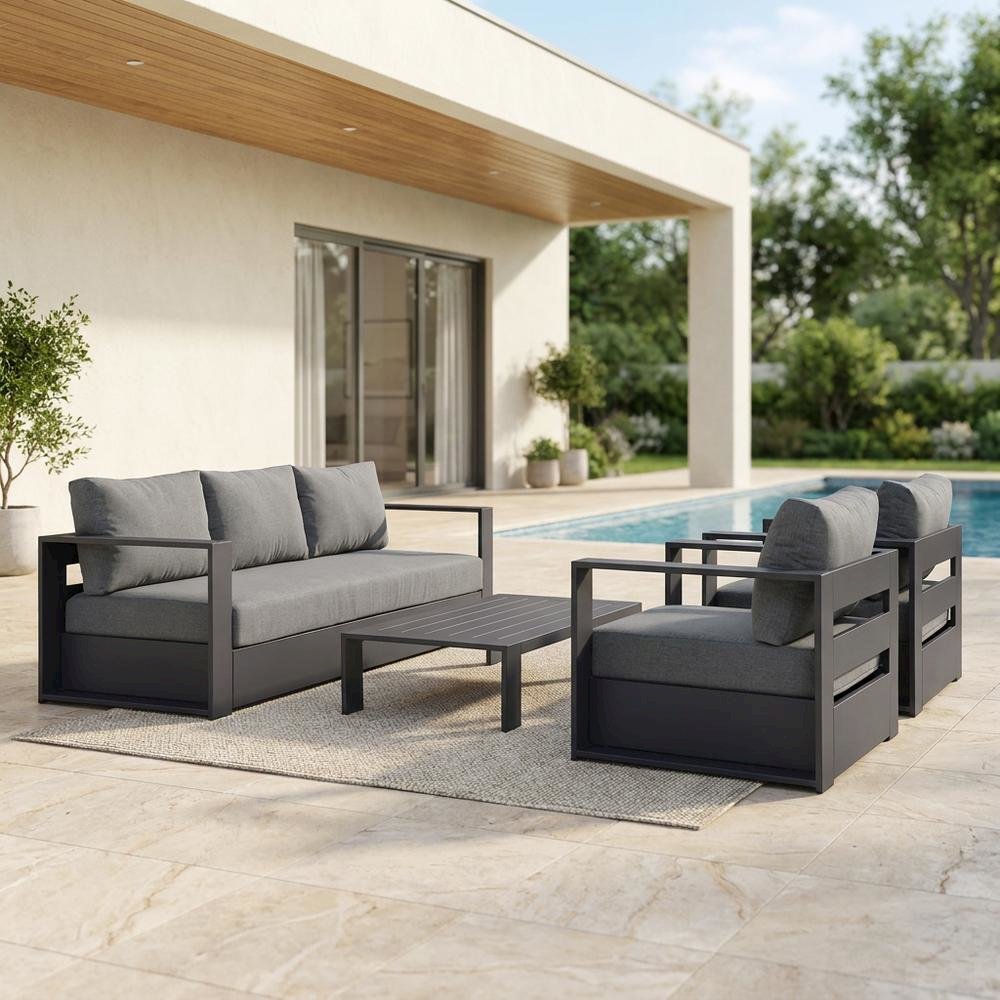 Powder-Coated Aluminum Patio Conversation Set with Thick Cushions, Gray Charcoal. Picture 4