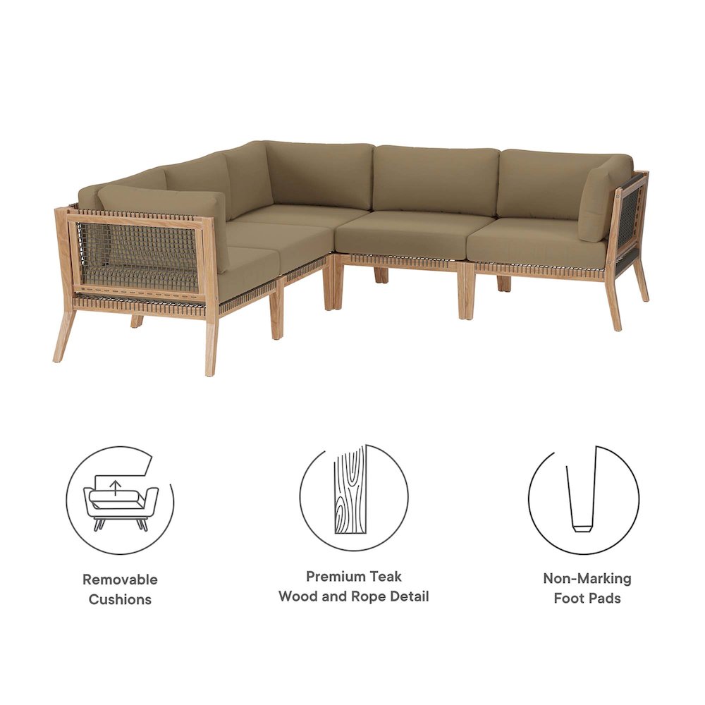 Clearwater 5-Piece Outdoor Patio Teak Wood Sectional Sofa. Picture 2