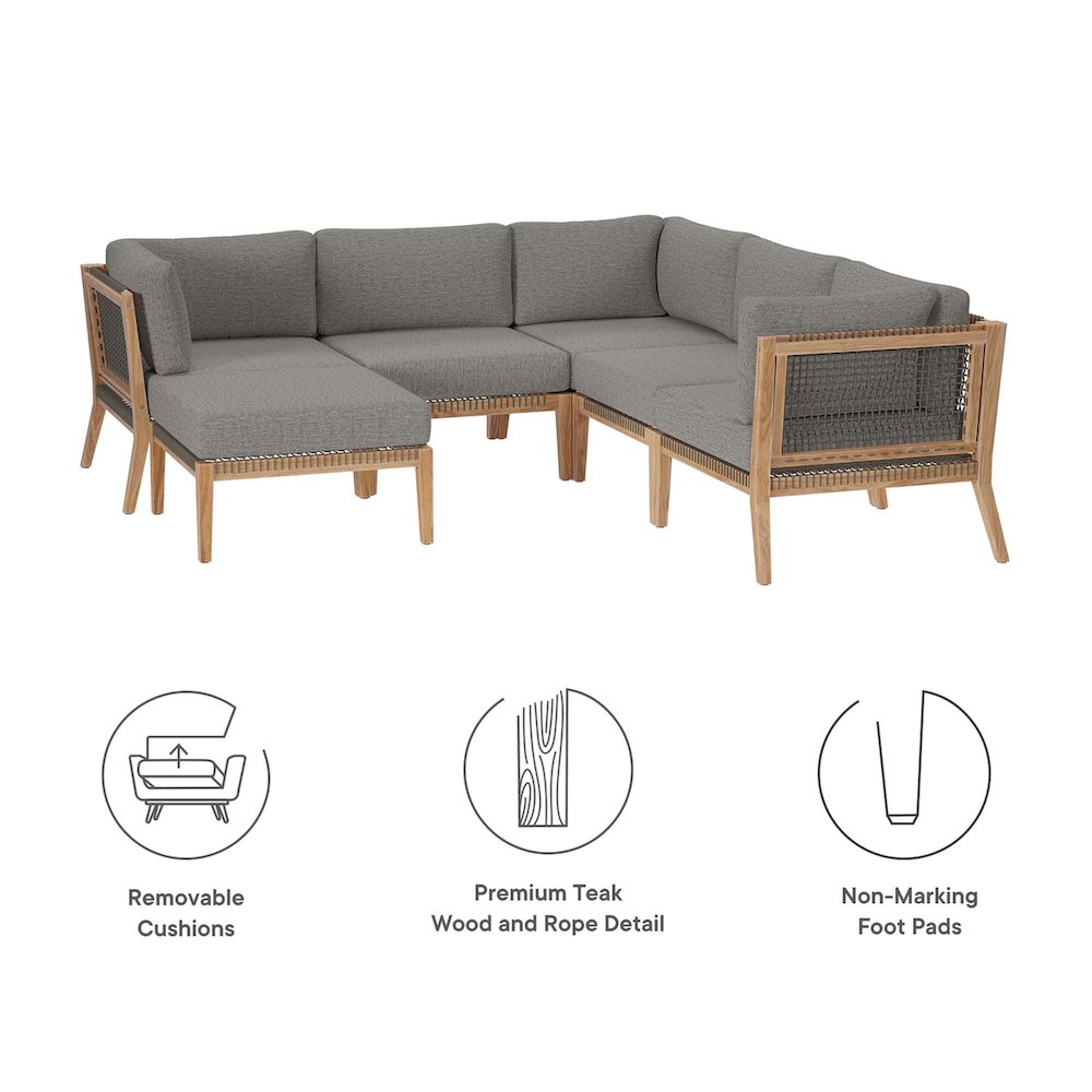 Clearwater 6-Piece Outdoor Patio Teak Wood Sectional Sofa. Picture 2