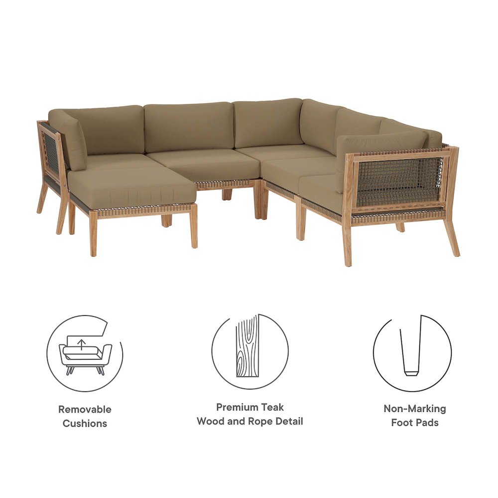 Clearwater 6-Piece Outdoor Patio Teak Wood Sectional Sofa. Picture 2