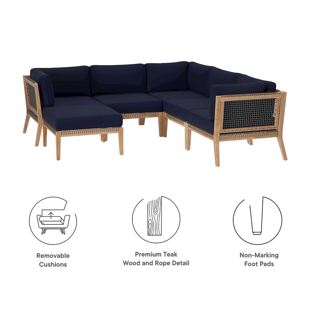 Clearwater 6-Piece Outdoor Patio Teak Wood Sectional Sofa. Picture 2