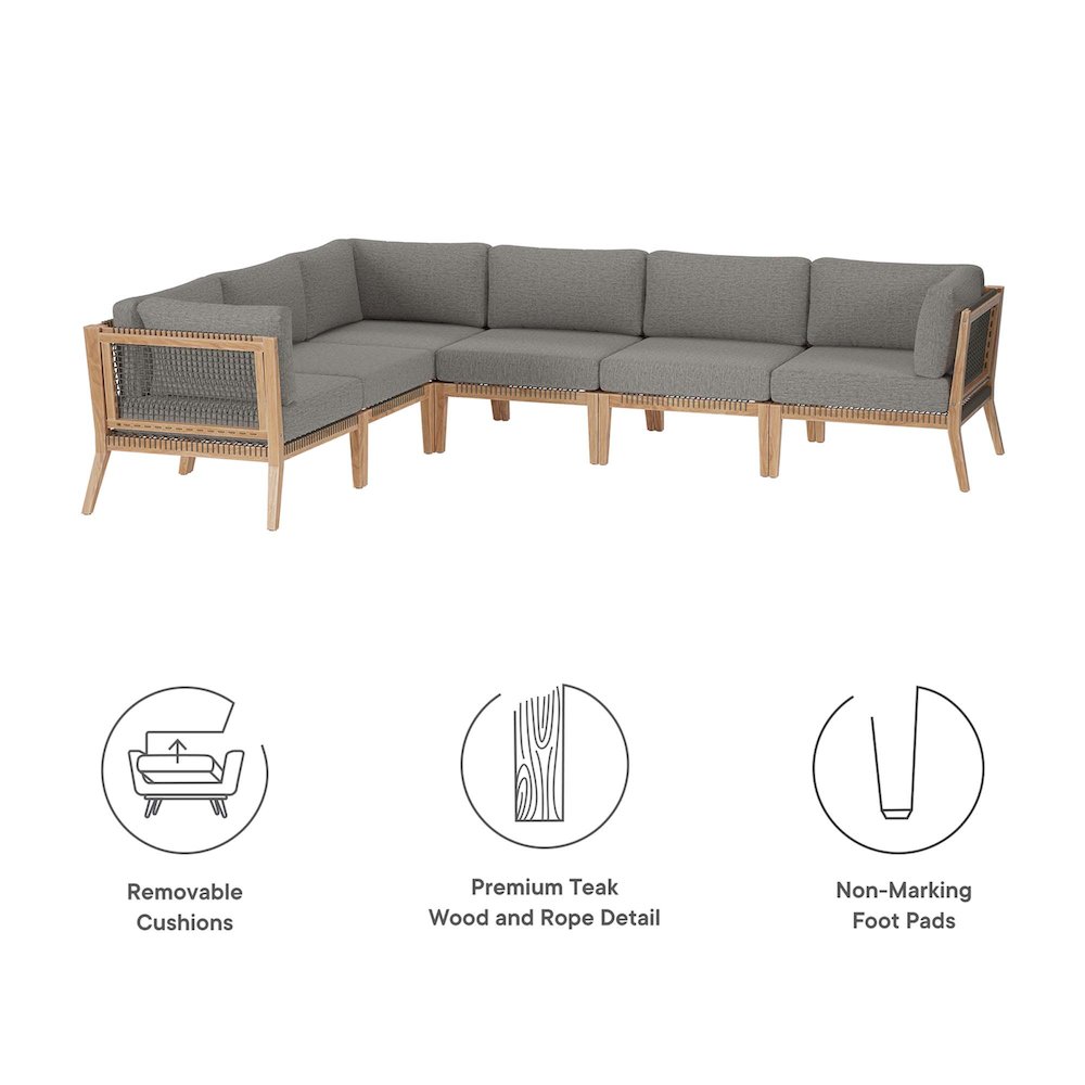 Clearwater 6-Piece Outdoor Patio Teak Wood Sectional Sofa. Picture 2