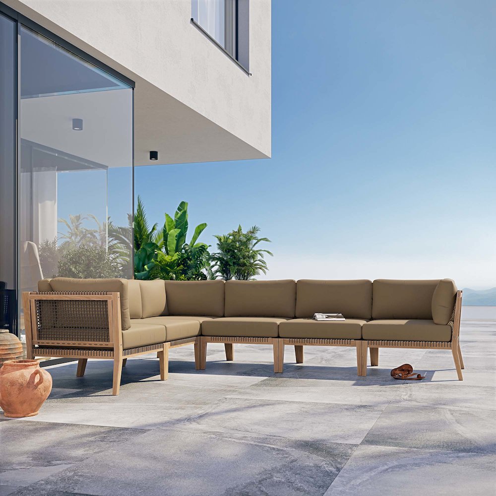 Clearwater 6-Piece Outdoor Patio Teak Wood Sectional Sofa. Picture 10