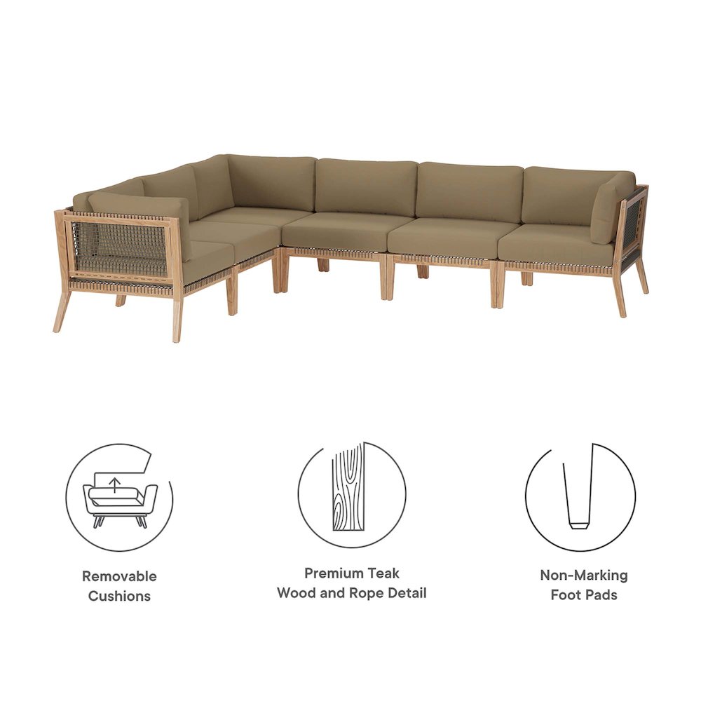 Clearwater 6-Piece Outdoor Patio Teak Wood Sectional Sofa. Picture 2
