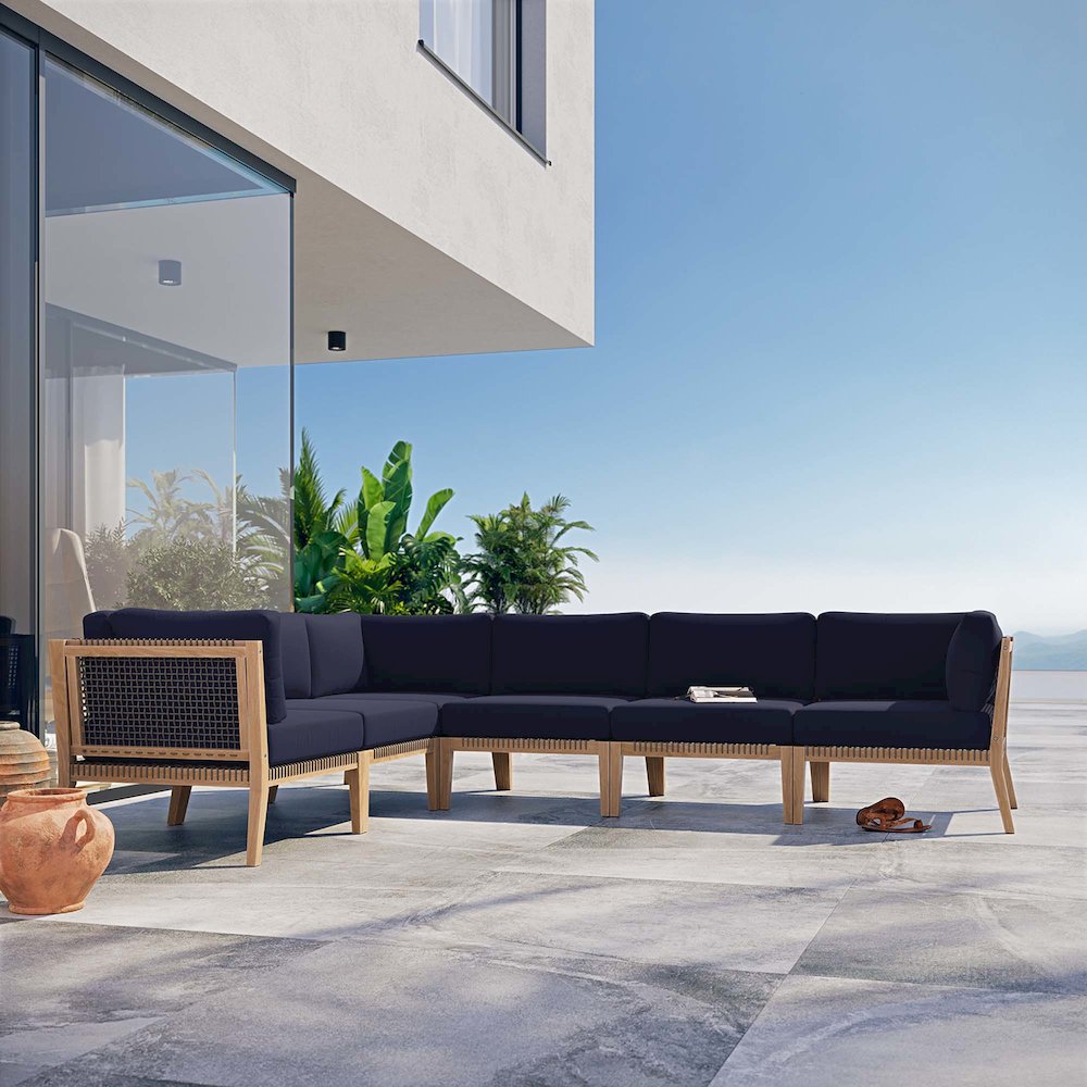 Clearwater 6-Piece Outdoor Patio Teak Wood Sectional Sofa. Picture 10