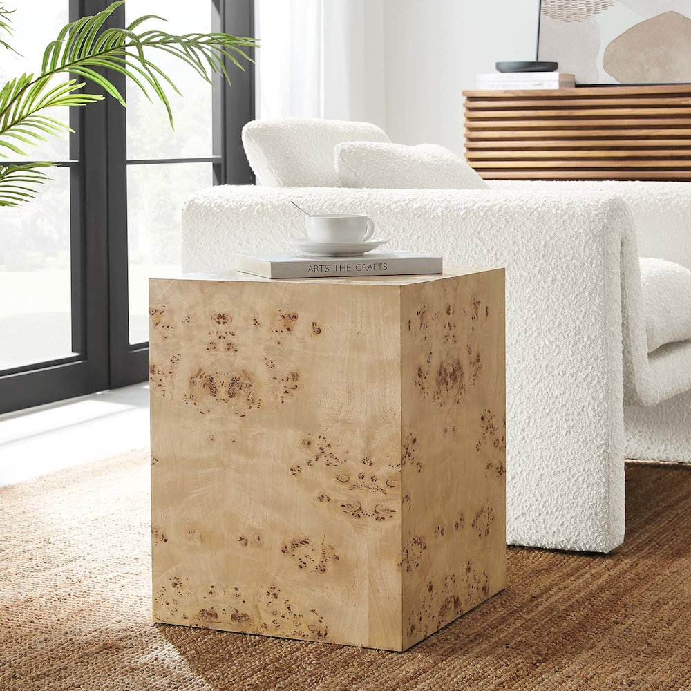 Cosmos 16" Square Burl Wood Side Table. Picture 8