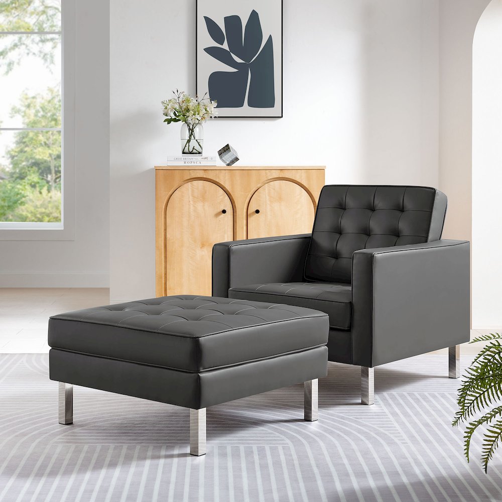 Loft Tufted Vegan Leather Armchair and Ottoman Set. Picture 9