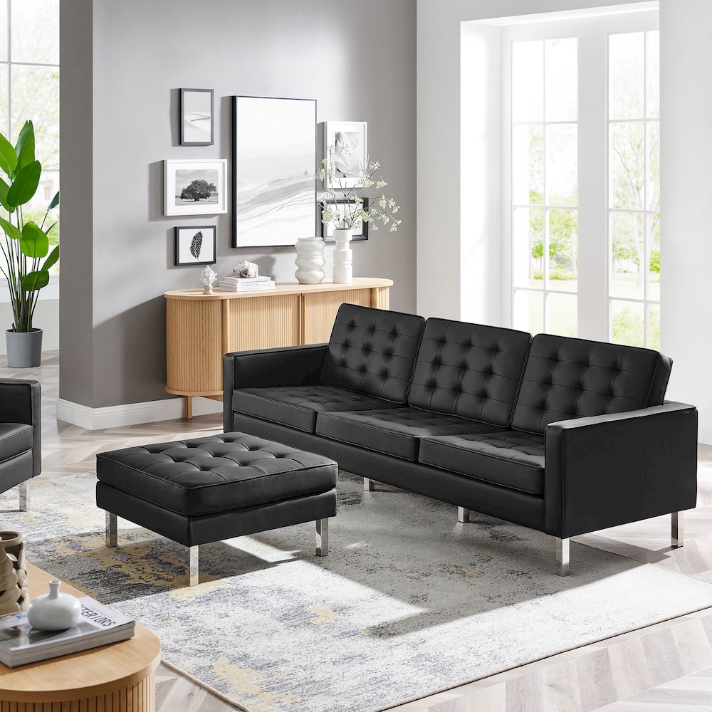 Loft Tufted Vegan Leather Sofa and Ottoman Set. Picture 10