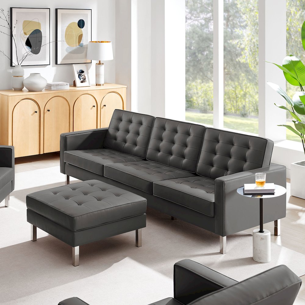 Loft Tufted Vegan Leather Sofa and Ottoman Set. Picture 9