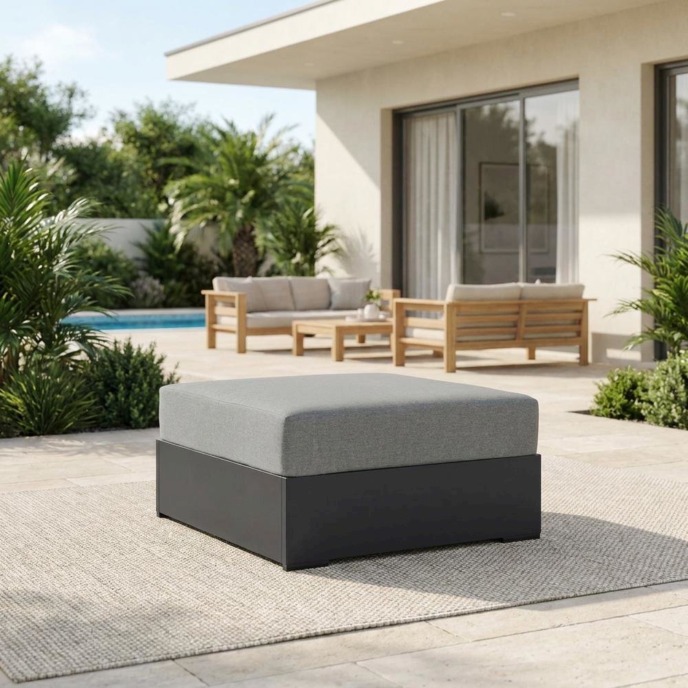 Powder-Coated Aluminum Patio Ottoman, Outdoor Foot Rest, Gray Gray. Picture 3