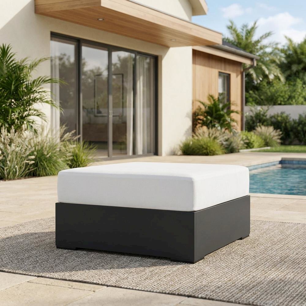 Powder-Coated Aluminum Patio Ottoman, Outdoor Foot Rest, Gray White. Picture 3