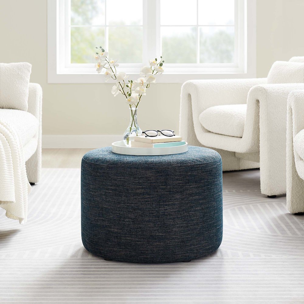 Callum Large 23" Round Woven Heathered Fabric Upholstered Ottoman. Picture 7