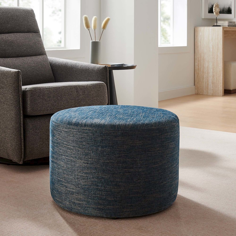 Callum Large 23" Round Woven Heathered Fabric Upholstered Ottoman. Picture 6