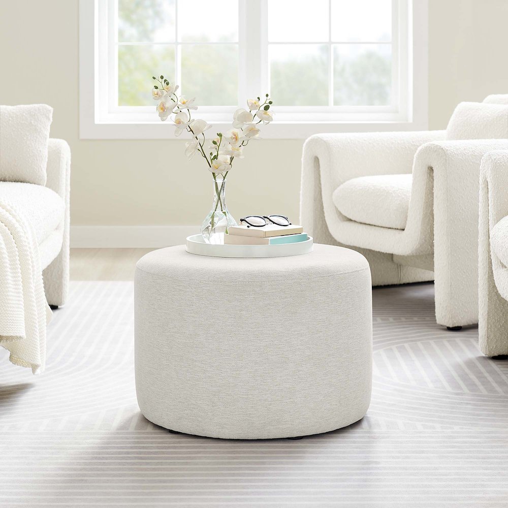 Callum Large 23" Round Woven Heathered Fabric Upholstered Ottoman. Picture 8