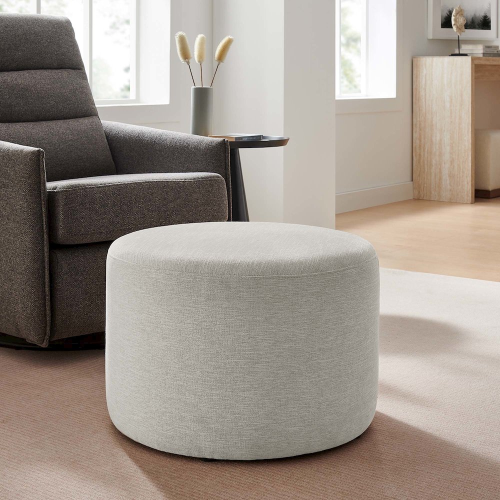 Callum Large 23" Round Woven Heathered Fabric Upholstered Ottoman. Picture 7