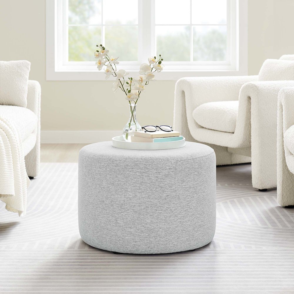 Callum Large 23" Round Woven Heathered Fabric Upholstered Ottoman. Picture 8