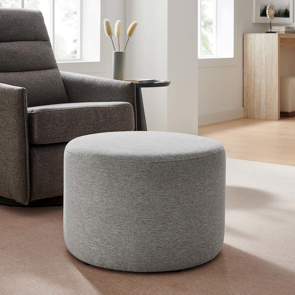 Callum Large 23" Round Woven Heathered Fabric Upholstered Ottoman. Picture 7