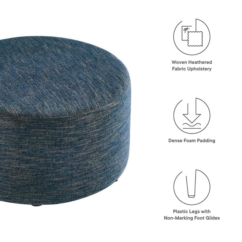 Callum Large 29" Round Woven Heathered Fabric Upholstered Ottoman. Picture 2