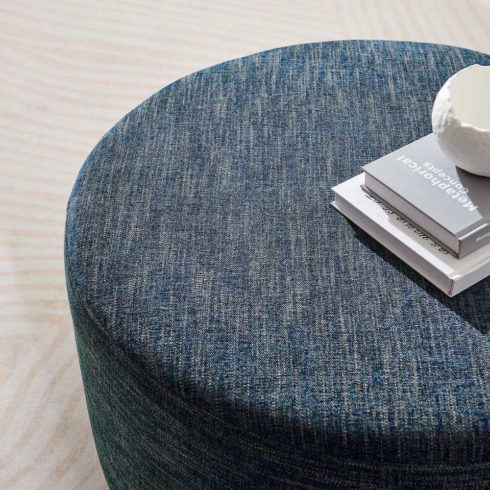 Callum Large 29" Round Woven Heathered Fabric Upholstered Ottoman. Picture 7