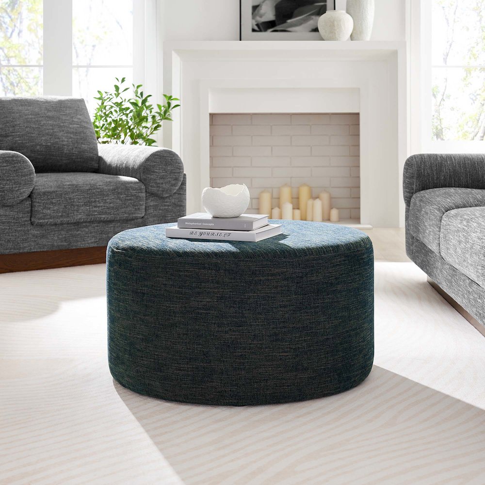 Callum Large 29" Round Woven Heathered Fabric Upholstered Ottoman. Picture 6