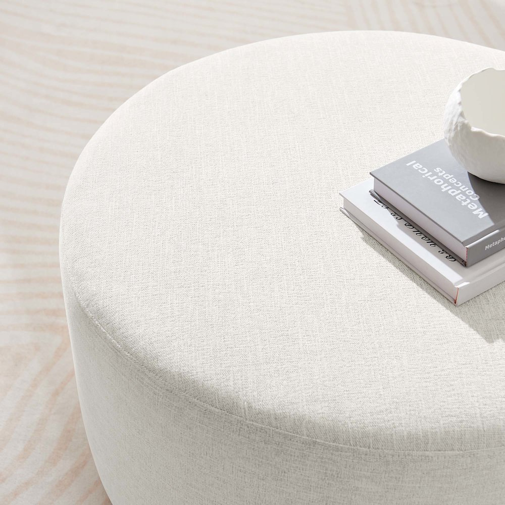 Callum Large 29" Round Woven Heathered Fabric Upholstered Ottoman. Picture 7