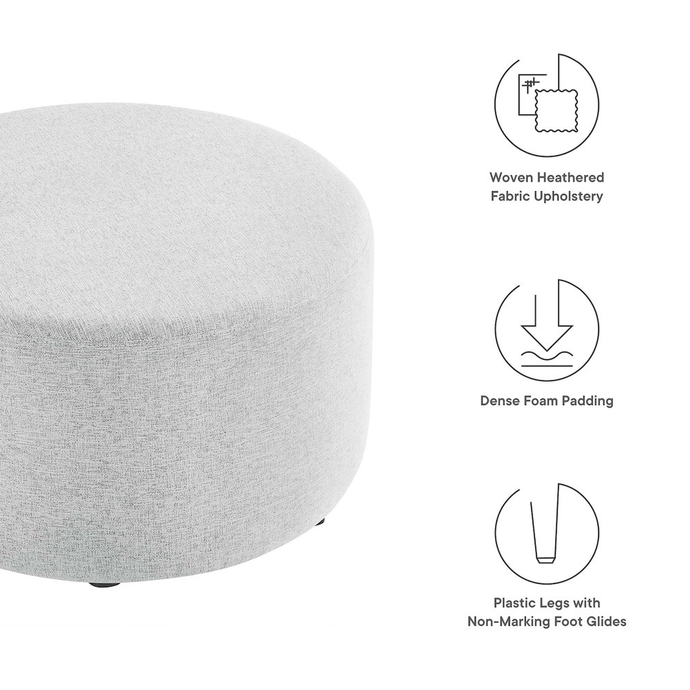 Callum Large 29" Round Woven Heathered Fabric Upholstered Ottoman. Picture 2