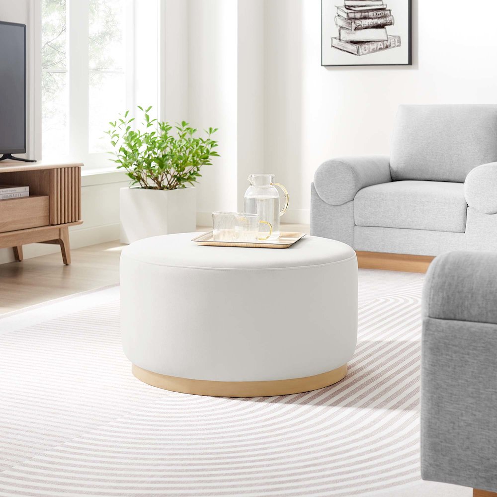Tilden Large 29" Round Performance Velvet Upholstered Ottoman. Picture 6