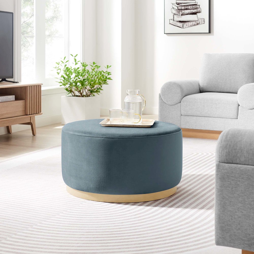 Tilden Large 29" Round Performance Velvet Upholstered Ottoman. Picture 6