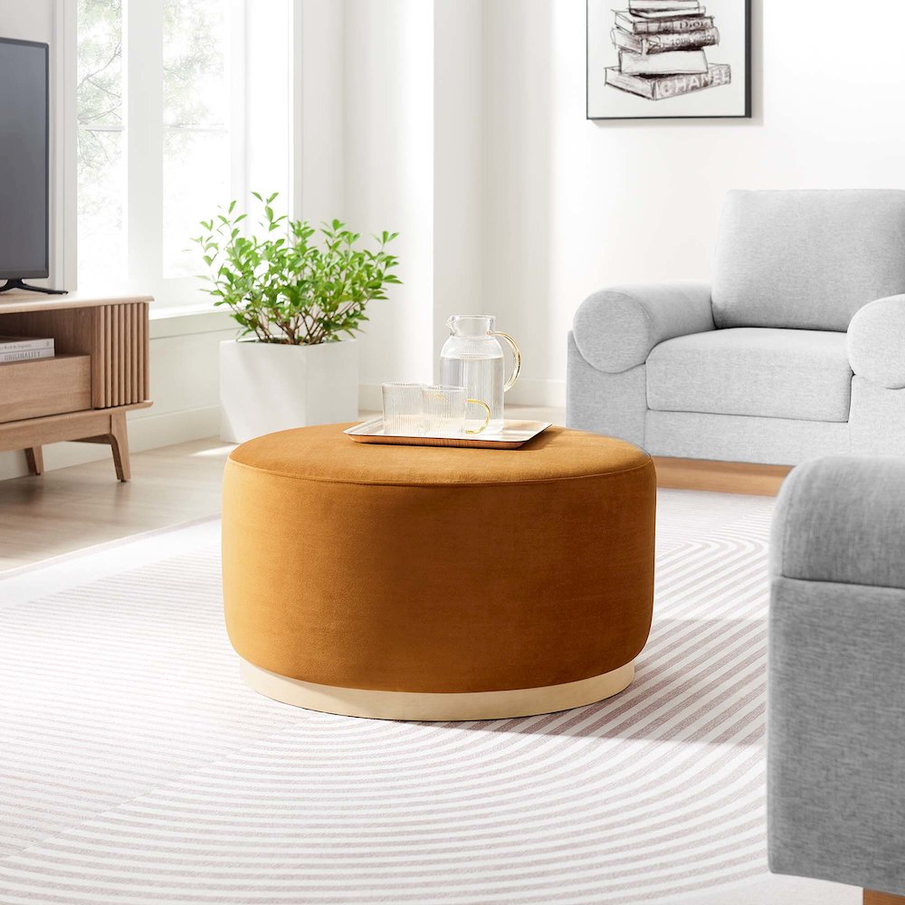 Tilden Large 29" Round Performance Velvet Upholstered Ottoman. Picture 6