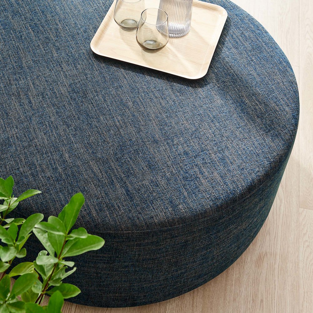 Callum Large 38" Round Woven Heathered Fabric Upholstered Ottoman. Picture 7