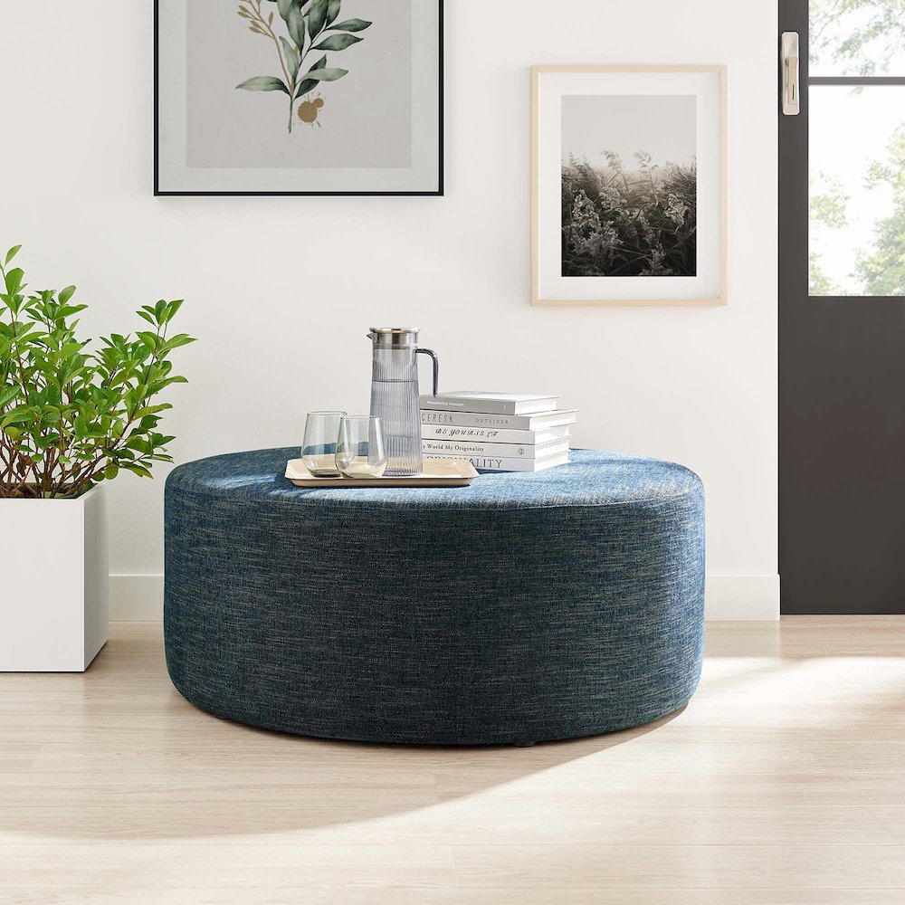 Callum Large 38" Round Woven Heathered Fabric Upholstered Ottoman. Picture 6