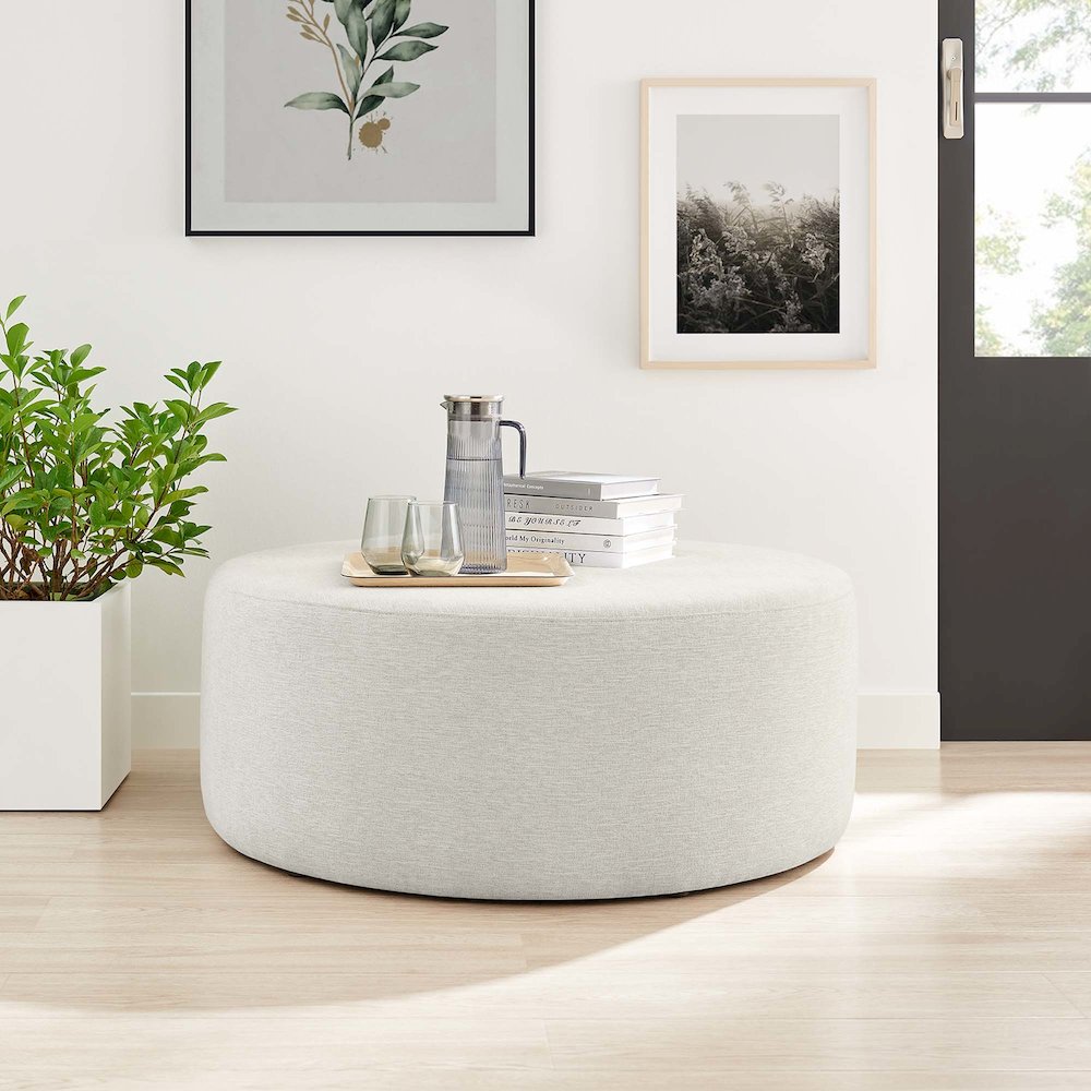 Callum Large 38" Round Woven Heathered Fabric Upholstered Ottoman. Picture 6