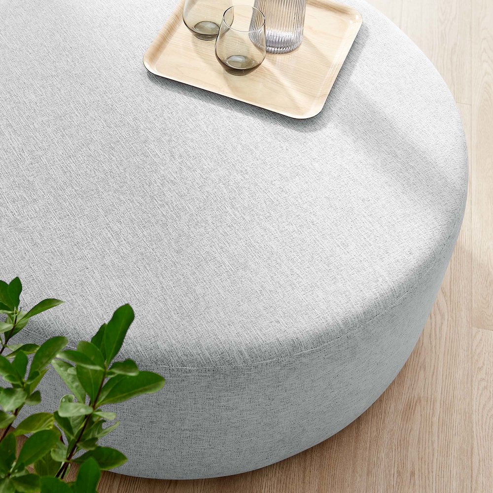 Callum Large 38" Round Woven Heathered Fabric Upholstered Ottoman. Picture 7