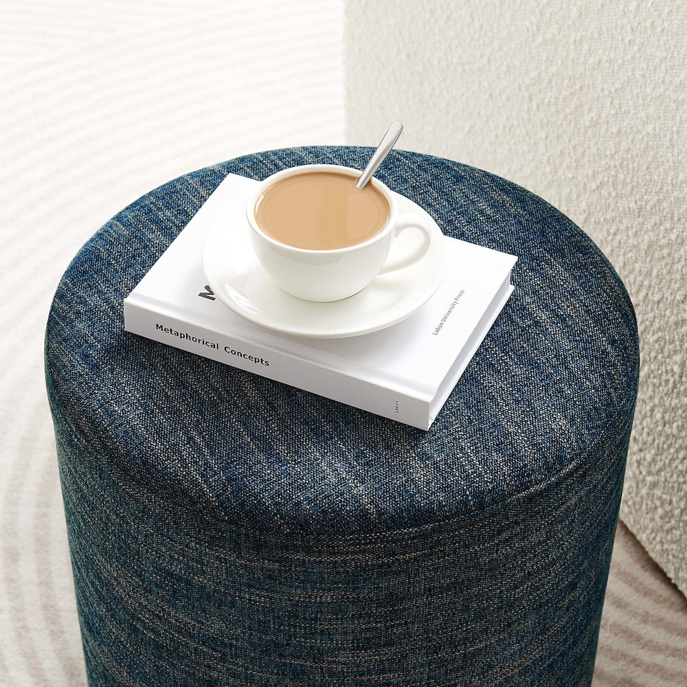 Callum 16" Round Woven Heathered Fabric Upholstered Ottoman. Picture 8