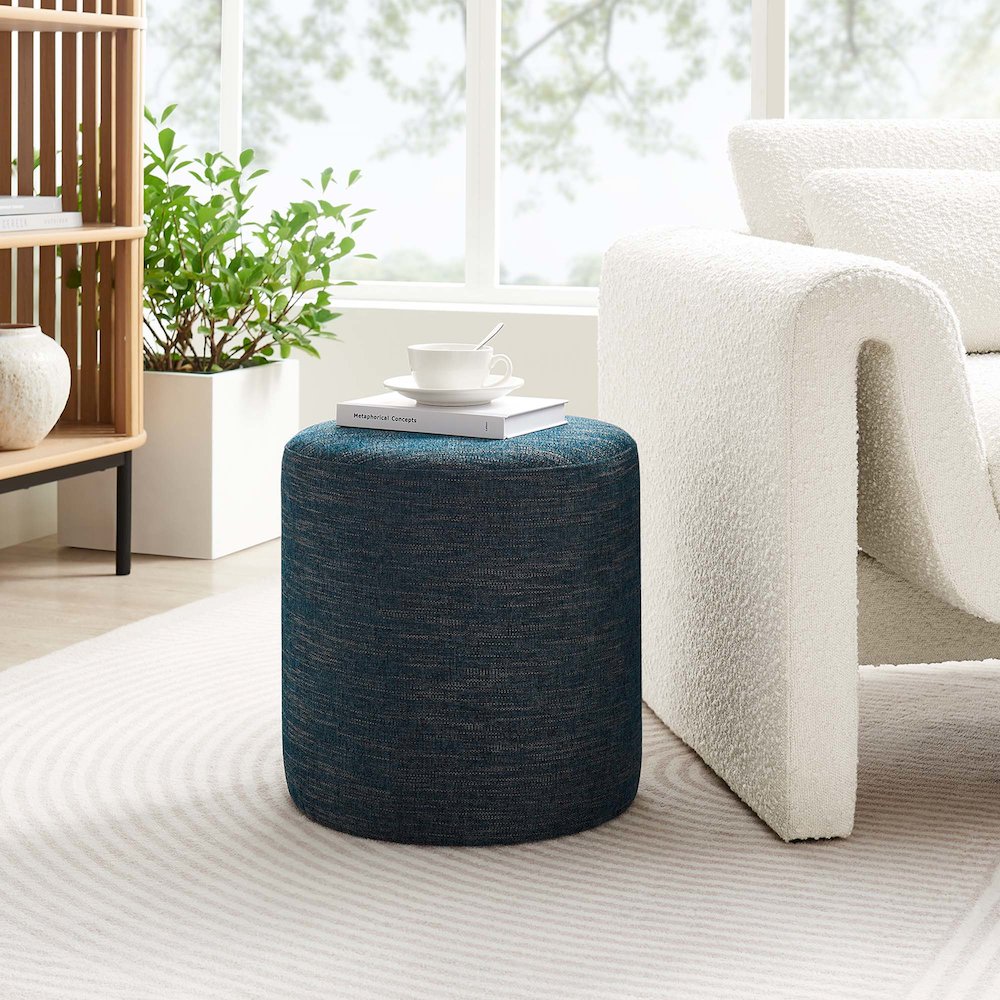 Callum 16" Round Woven Heathered Fabric Upholstered Ottoman. Picture 7