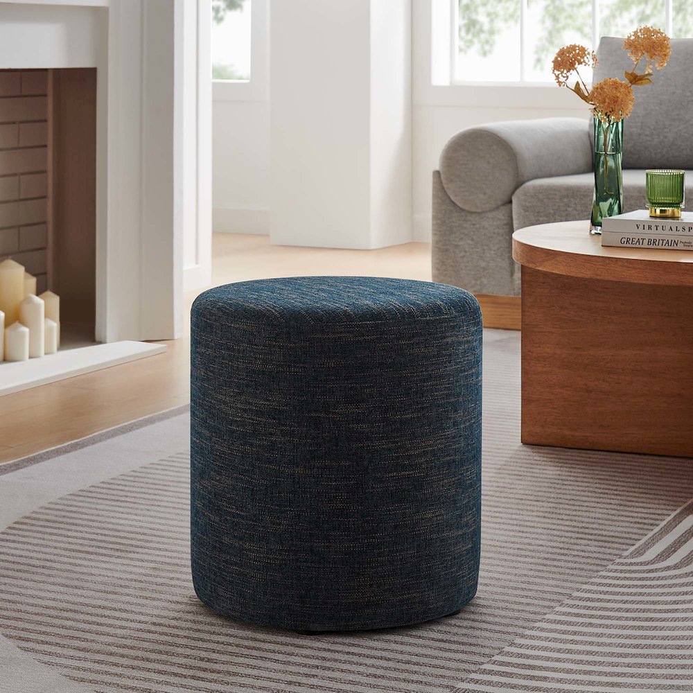 Callum 16" Round Woven Heathered Fabric Upholstered Ottoman. Picture 6