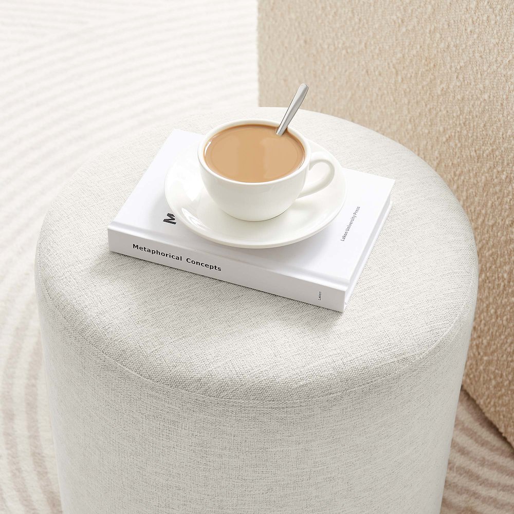 Callum 16" Round Woven Heathered Fabric Upholstered Ottoman. Picture 8